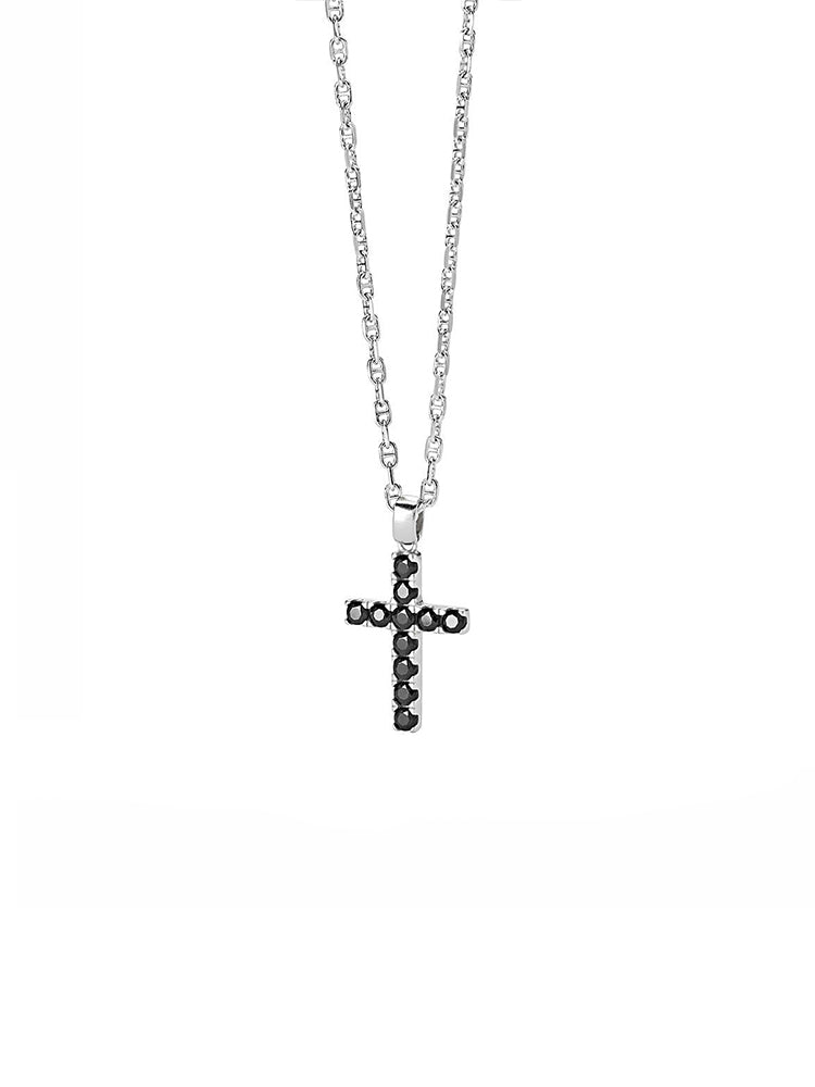 COLLANA UOMO GIOIELLI IN ARGENTO E ZIRCONI NERI CON CROCE PENDENTE COMETE UOMO