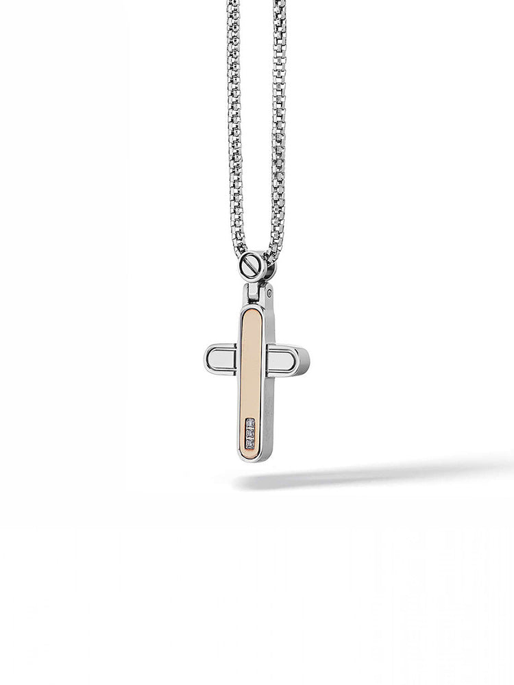 COLLANA UOMO IN ACCIAIO, PVD ORO ROSA E DIAMANTI BIANCHI COMETE GIOIELLI