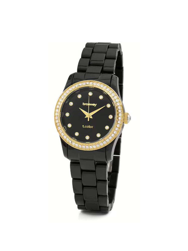 OROLOGIO DONNA IN POLICARBONATO NERO E ACCIAIO DORATO SOLO TEMPO BROSWAY