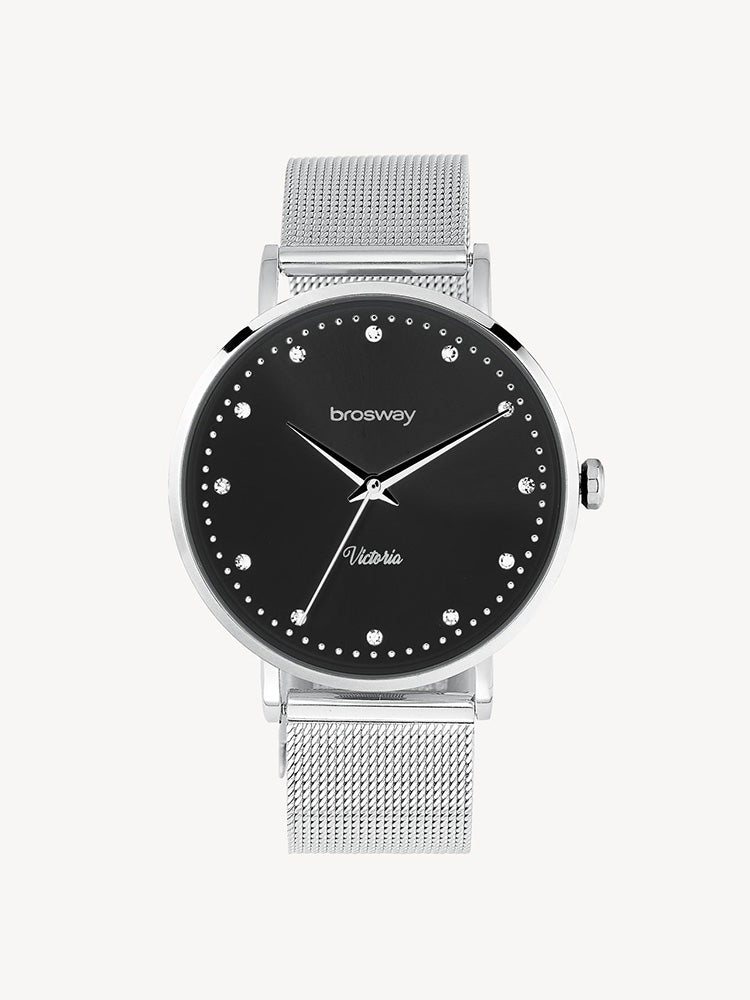 OROLOGIO DONNA VICTORIA IN ACCIAIO MAGLIA MILANO SILVER CON QUADRANTE NERO E CRISTALLI BROSWAY