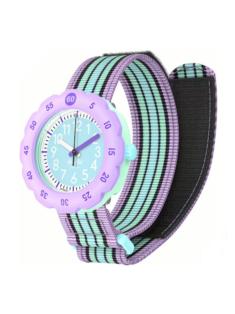 OROLOGIO BIMBA LOOP IN PASTEL CON CITURINO IN TESSUTO LILLA E TURCHESE FLIK FLAK