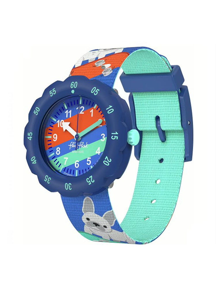 OROLOGIO BIMBO SKATING FRENCHIE CON LUNETTA GIREVOLE BLU FLIK FLAK